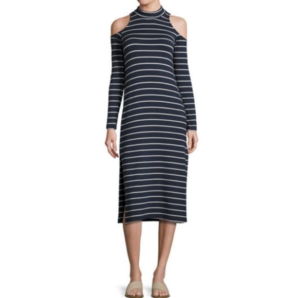 NWT Splendid Women's Striped Navy Cold-Shoulder Midi Dress Size L $180 X034 - Picture 3 of 4